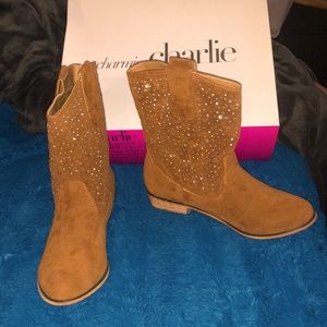 Tan and rhinestone ankle boots, new with box